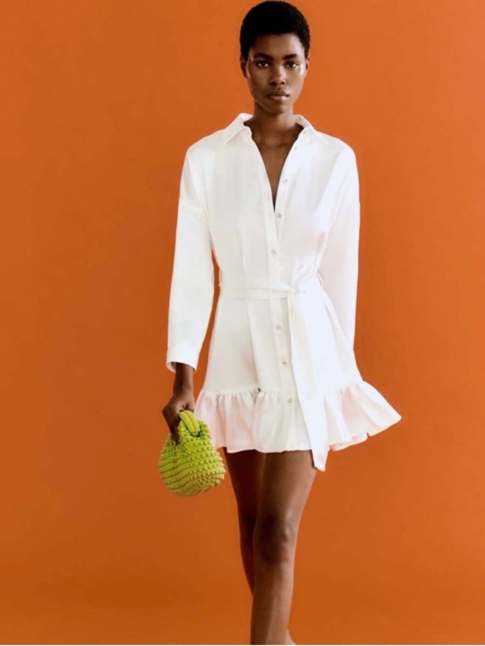 Zara White Mini Shirt Dress with Ruffle Hem